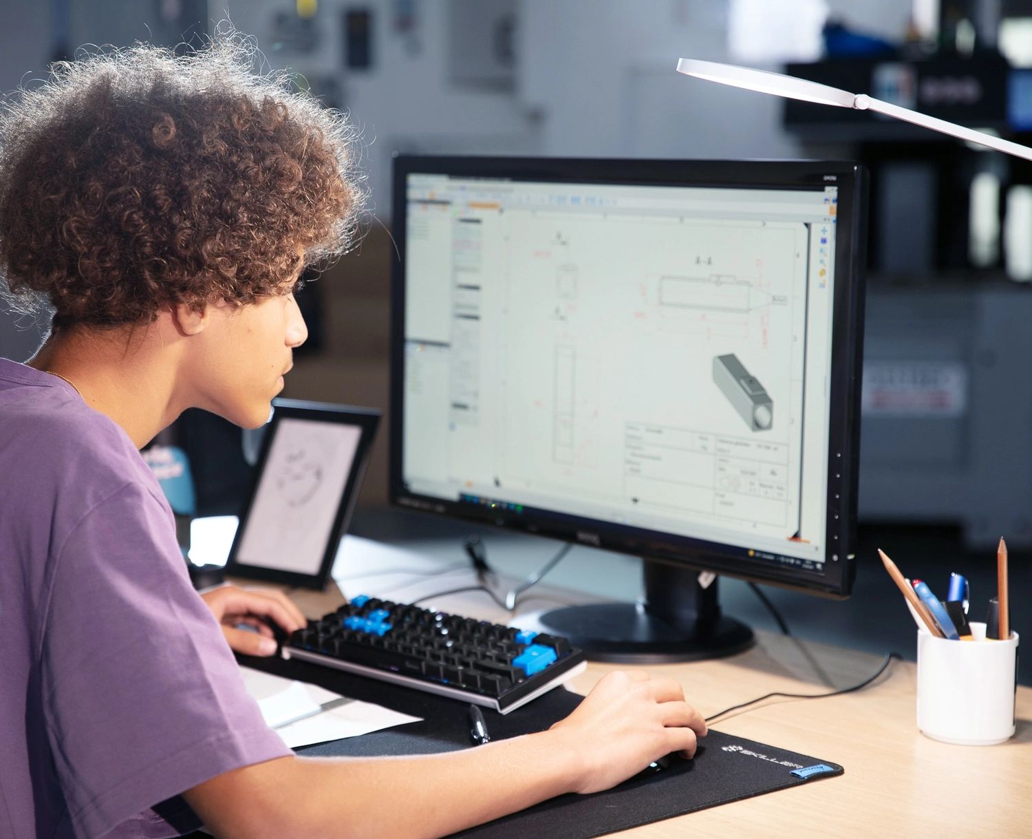 Apprenti dessinateur en construction microtechnique à son poste de travail en Suisse romande